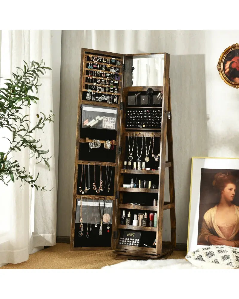 360° Rotatable Armoire 2-in-1 Lockable Mirrored Jewelry Cabinet-Rustic Brown - Rustic Brown - Jewelry Armoires