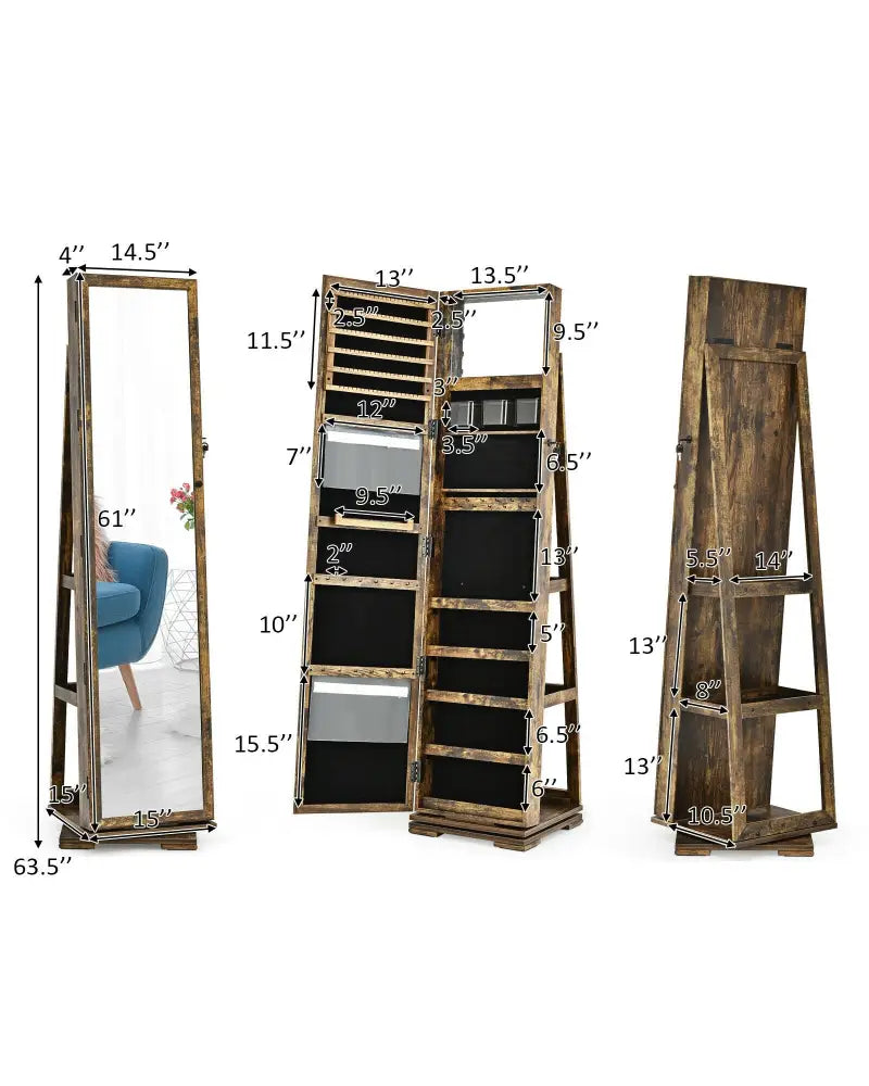 360° Rotatable Armoire 2-in-1 Lockable Mirrored Jewelry Cabinet-Rustic Brown - Rustic Brown - Jewelry Armoires
