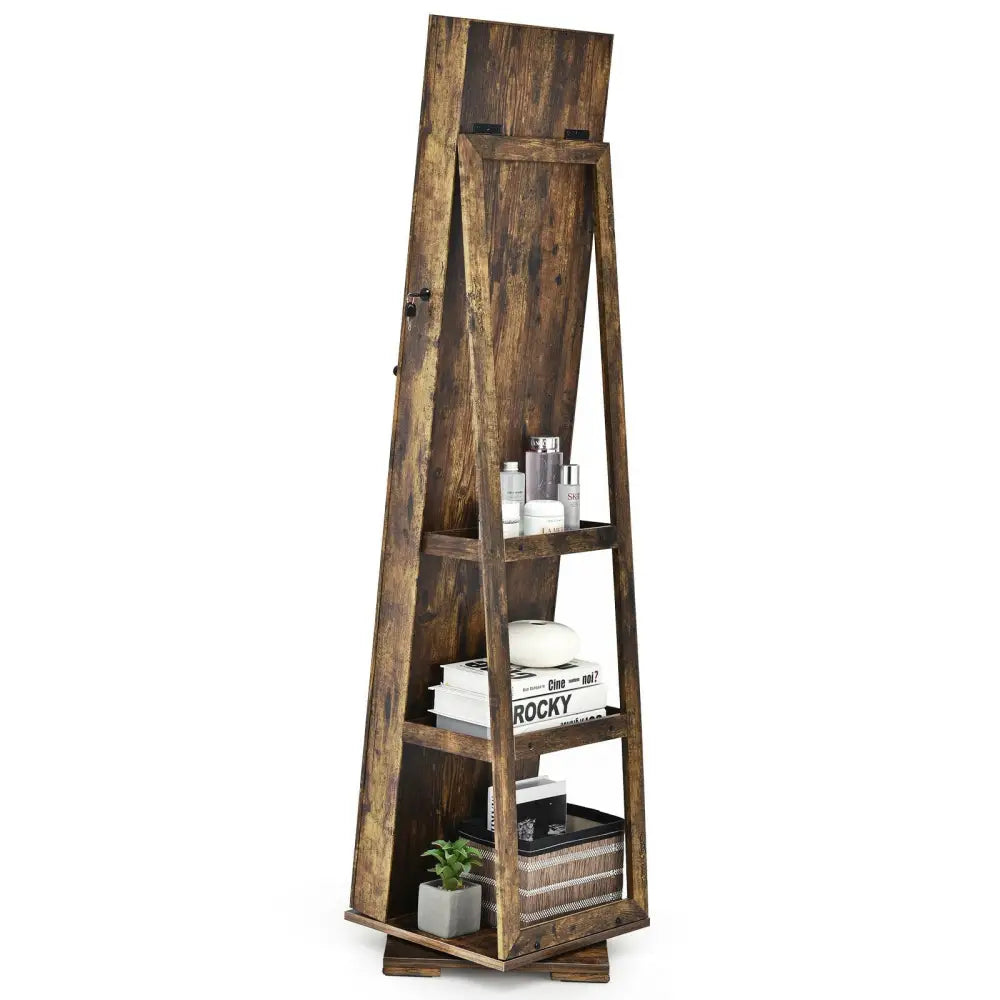 360° Rotatable Armoire 2-in-1 Lockable Mirrored Jewelry Cabinet-Rustic Brown - Rustic Brown - Jewelry Armoires