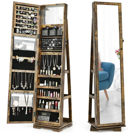 Wooden jewelry organizer with mirror on a white background