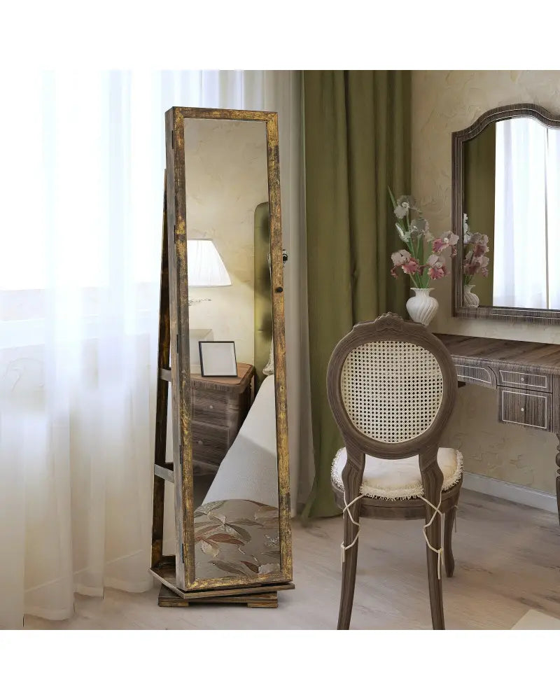 360° Rotatable Armoire 2-in-1 Lockable Mirrored Jewelry Cabinet-Rustic Brown - Rustic Brown - Jewelry Armoires