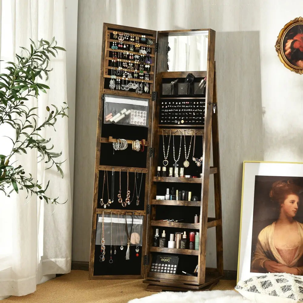 360° Rotatable Armoire 2-in-1 Lockable Mirrored Jewelry Cabinet-Rustic Brown - Rustic Brown - Jewelry Armoires