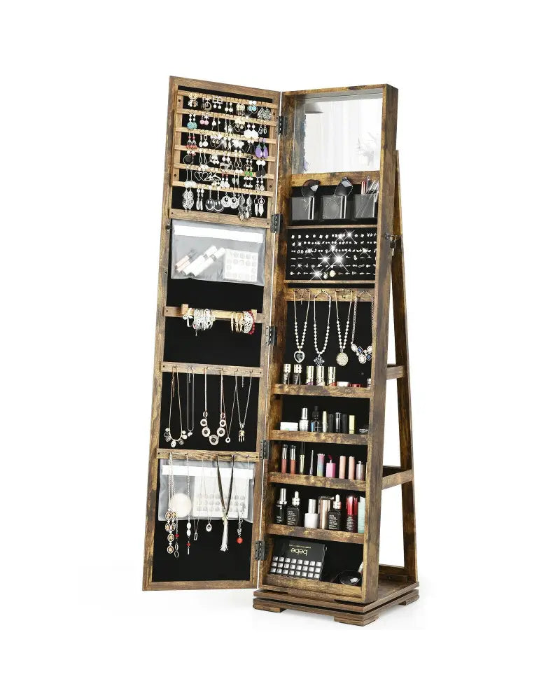 360° Rotatable Armoire 2-in-1 Lockable Mirrored Jewelry Cabinet-Rustic Brown - Rustic Brown - Jewelry Armoires