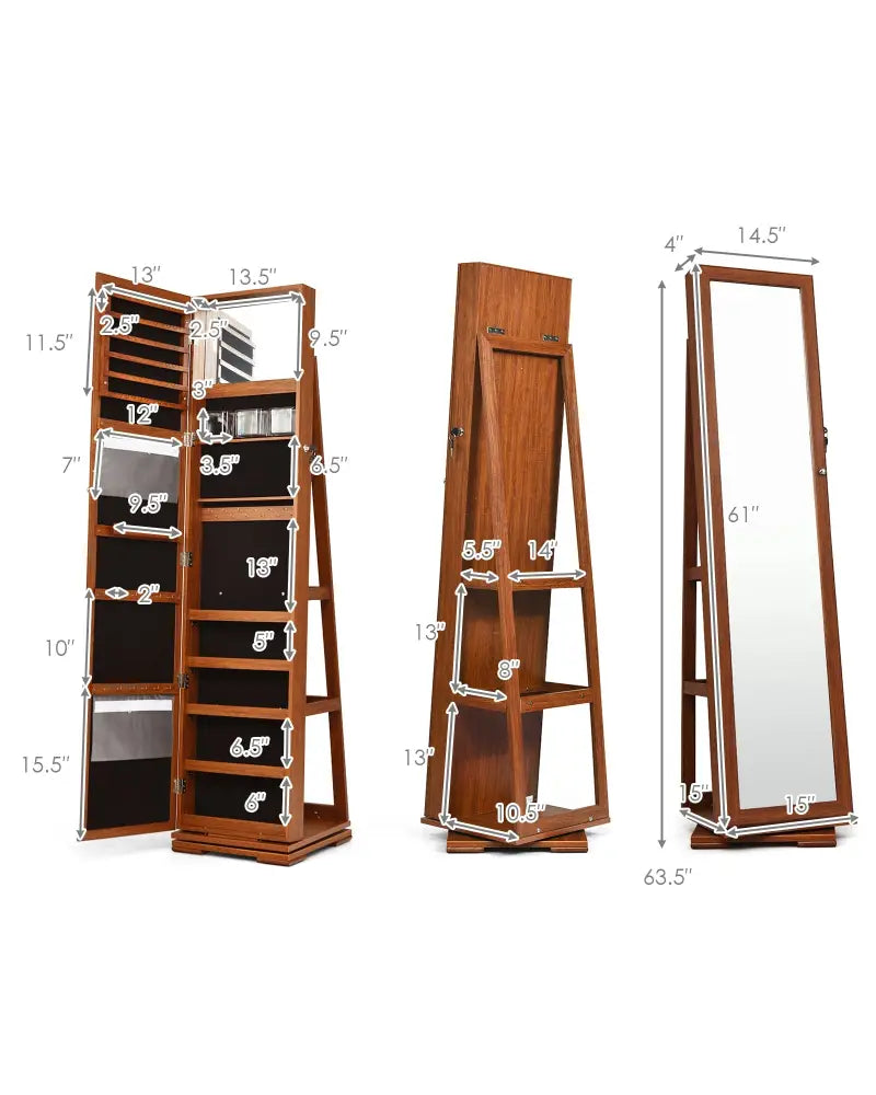 360° Rotatable Armoire 2-in-1 Lockable Mirrored Jewelry Cabinet-Brown - Brown - Jewelry Armoires