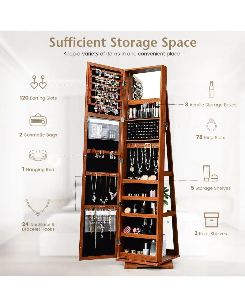 360° Rotatable Armoire 2-in-1 Lockable Mirrored Jewelry Cabinet-Brown - Brown - Jewelry Armoires