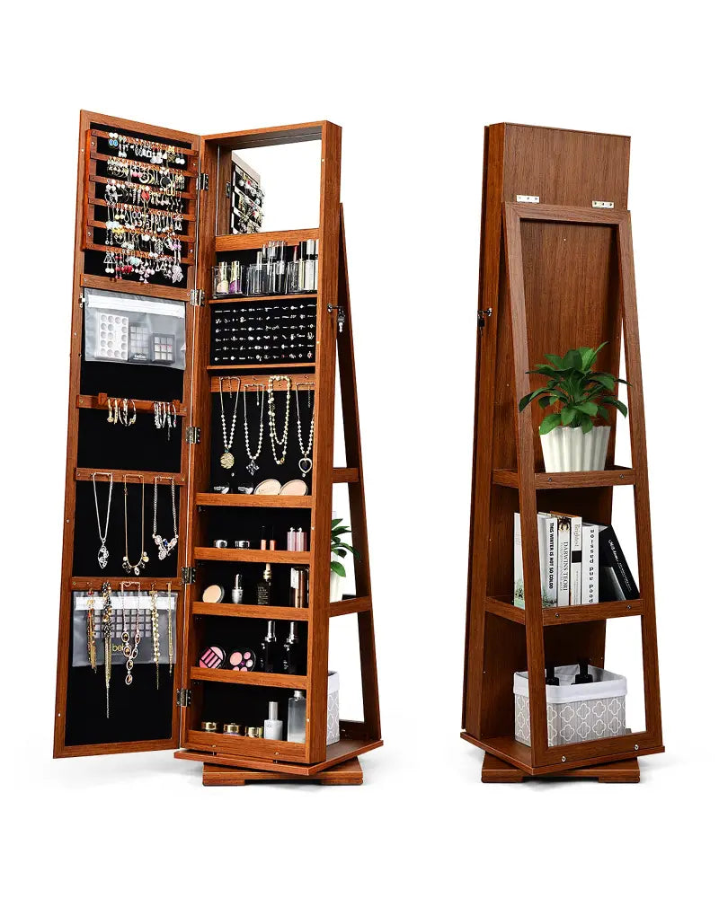 360° Rotatable Armoire 2-in-1 Lockable Mirrored Jewelry Cabinet-Brown - Brown - Jewelry Armoires