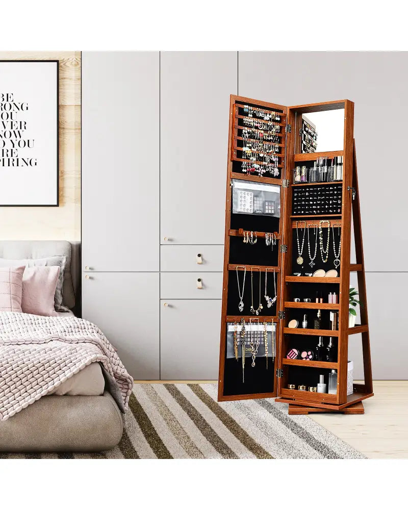 360° Rotatable Armoire 2-in-1 Lockable Mirrored Jewelry Cabinet-Brown - Brown - Jewelry Armoires