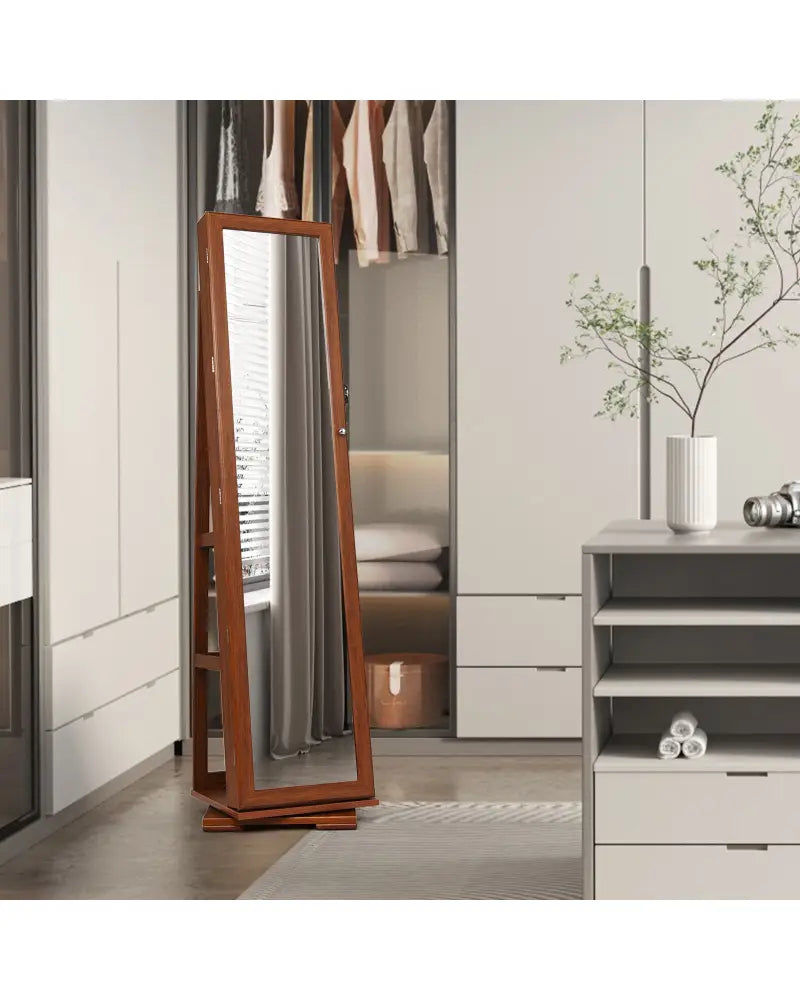 360° Rotatable Armoire 2-in-1 Lockable Mirrored Jewelry Cabinet-Brown - Brown - Jewelry Armoires