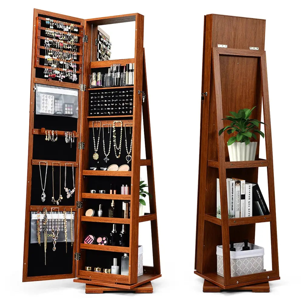 360° Rotatable Armoire 2-in-1 Lockable Mirrored Jewelry Cabinet-Brown - Brown - Jewelry Armoires