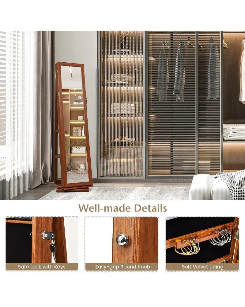 360° Rotatable Armoire 2-in-1 Lockable Mirrored Jewelry Cabinet-Brown - Brown - Jewelry Armoires
