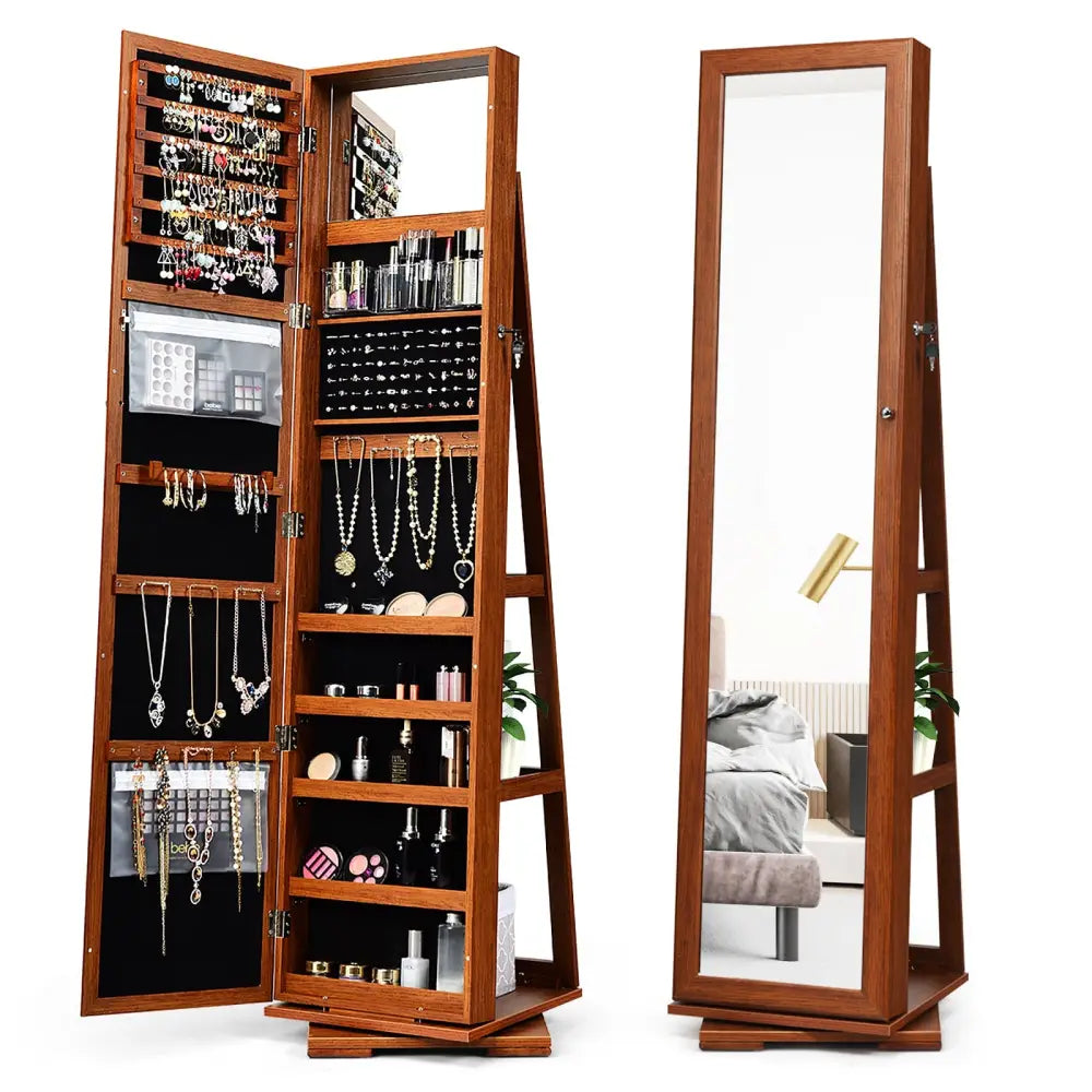 360° Rotatable Armoire 2-in-1 Lockable Mirrored Jewelry Cabinet-Brown - Brown - Jewelry Armoires