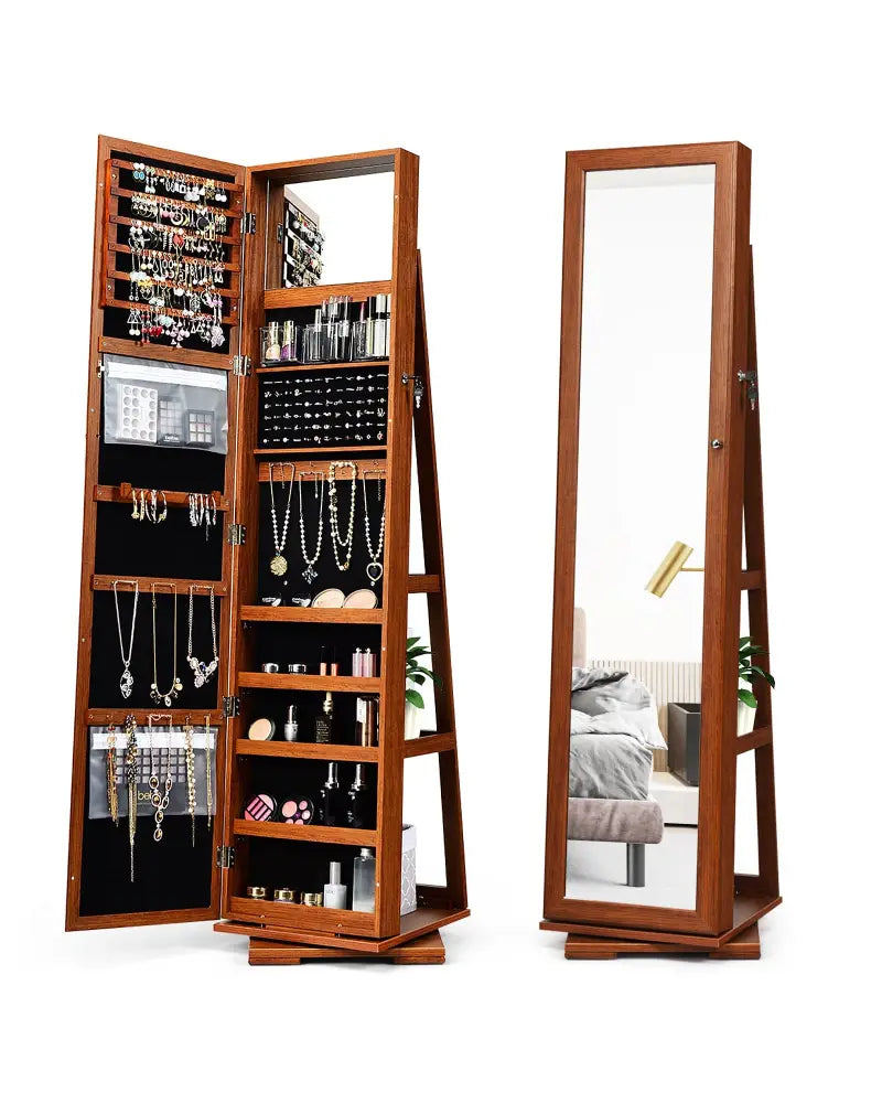 360° Rotatable Armoire 2-in-1 Lockable Mirrored Jewelry Cabinet-Brown - Brown - Jewelry Armoires