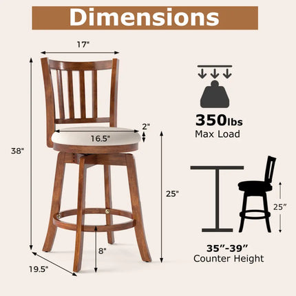 360° Rotating Counter Height Chairs Set of 2 with Upholstered Seat and  Backrest-24 inches Costway