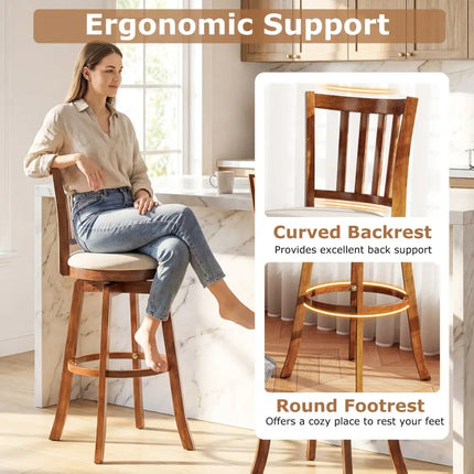 360° Rotating Counter Height Chairs Set of 2 with Upholstered Seat and  Backrest-29 inches Costway