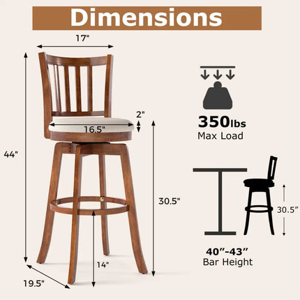 360° Rotating Counter Height Chairs Set of 2 with Upholstered Seat and  Backrest-29 inches Costway