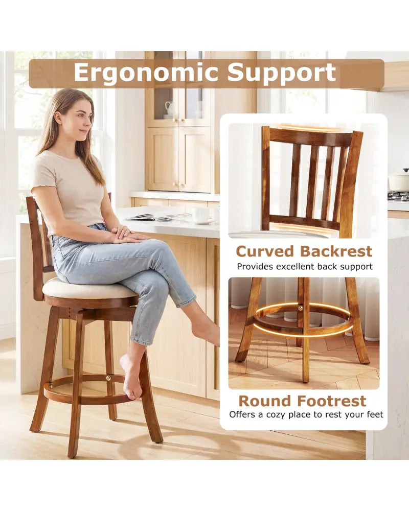 360° Rotating Counter Height Chairs Set of 4 with Backrest and Upholstered Seat-24 inches - Wood - Bar Stools