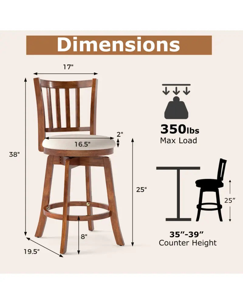 360° Rotating Counter Height Chairs Set of 4 with Backrest and Upholstered Seat-24 inches - Wood - Bar Stools