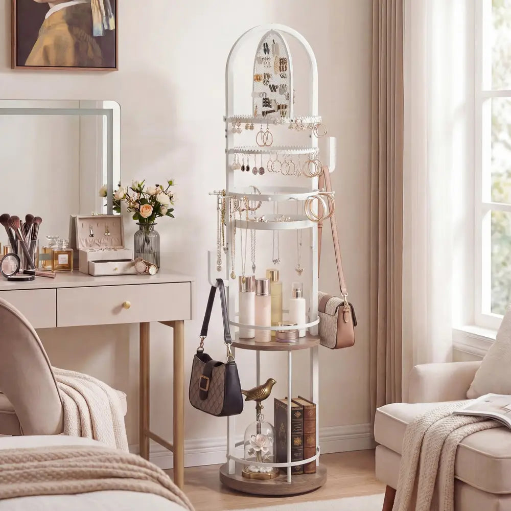 360° Rotating Floor Jewelry Storage Rack with 3 Shelves-Gray - Gray - Jewelry Armoires