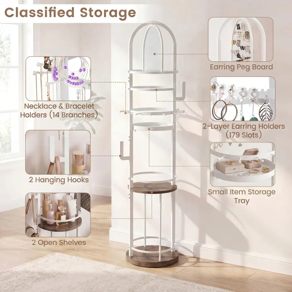 360° Rotating Floor Jewelry Storage Rack with 3 Shelves-Gray - Gray - Jewelry Armoires