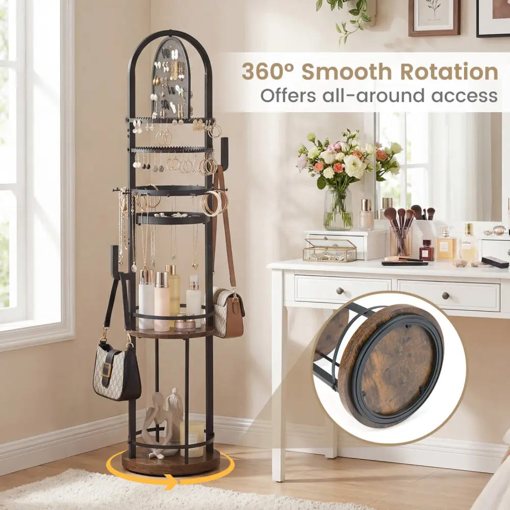 360° Rotating Floor Jewelry Storage Rack with 3 Shelves-Rustic Brown - Rustic Brown - Jewelry Armoires