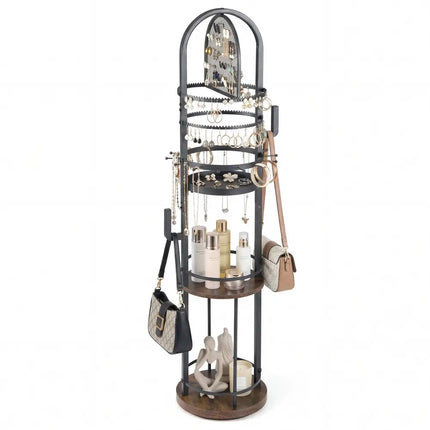360° Rotating Floor Jewelry Storage Rack with 3 Shelves-Rustic Brown - Rustic Brown - Jewelry Armoires