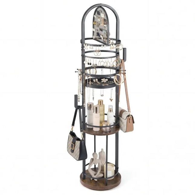 360° Rotating Floor Jewelry Storage Rack with 3 Shelves-Rustic Brown - Rustic Brown - Jewelry Armoires