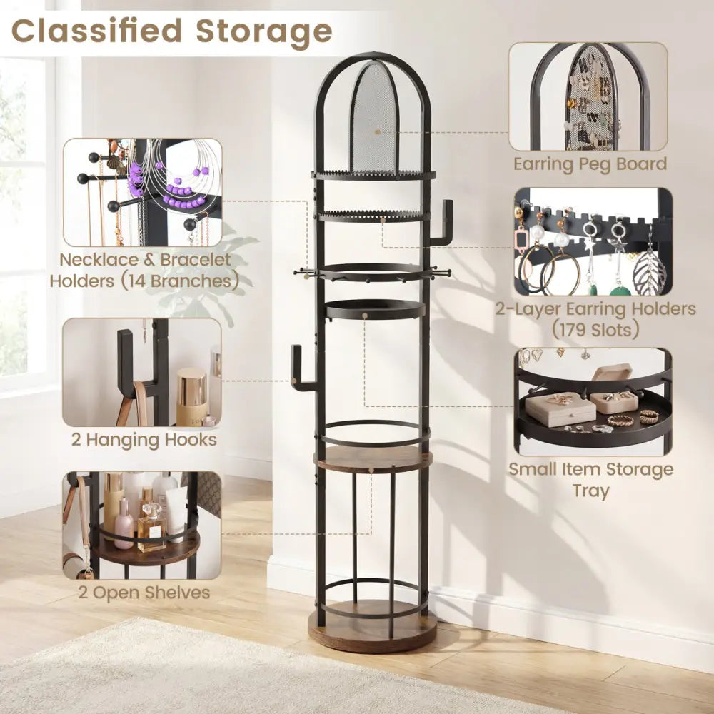 360° Rotating Floor Jewelry Storage Rack with 3 Shelves-Rustic Brown - Rustic Brown - Jewelry Armoires