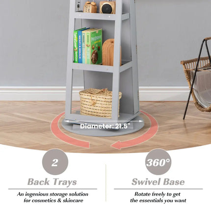 360° Rotating Mirrored Jewelry Cabinet Armoire 3 Color LED Modes Lockable-Gray Costway