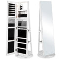 360° Rotating Mirrored Jewelry Cabinet Armoire 3 Color LED Modes Lockable - White - Oasis Home Essentials