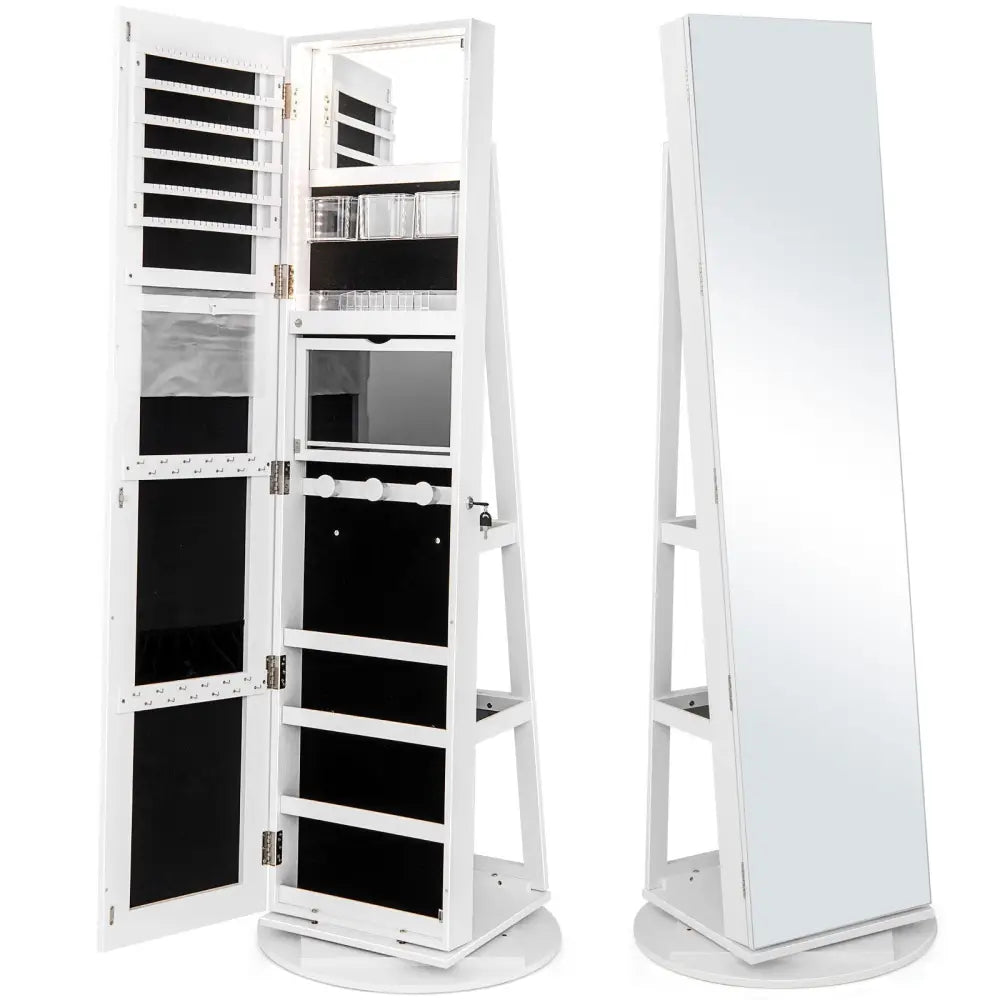 360° Rotating Mirrored Jewelry Cabinet Armoire 3 Color LED Modes Lockable - White - Oasis Home Essentials