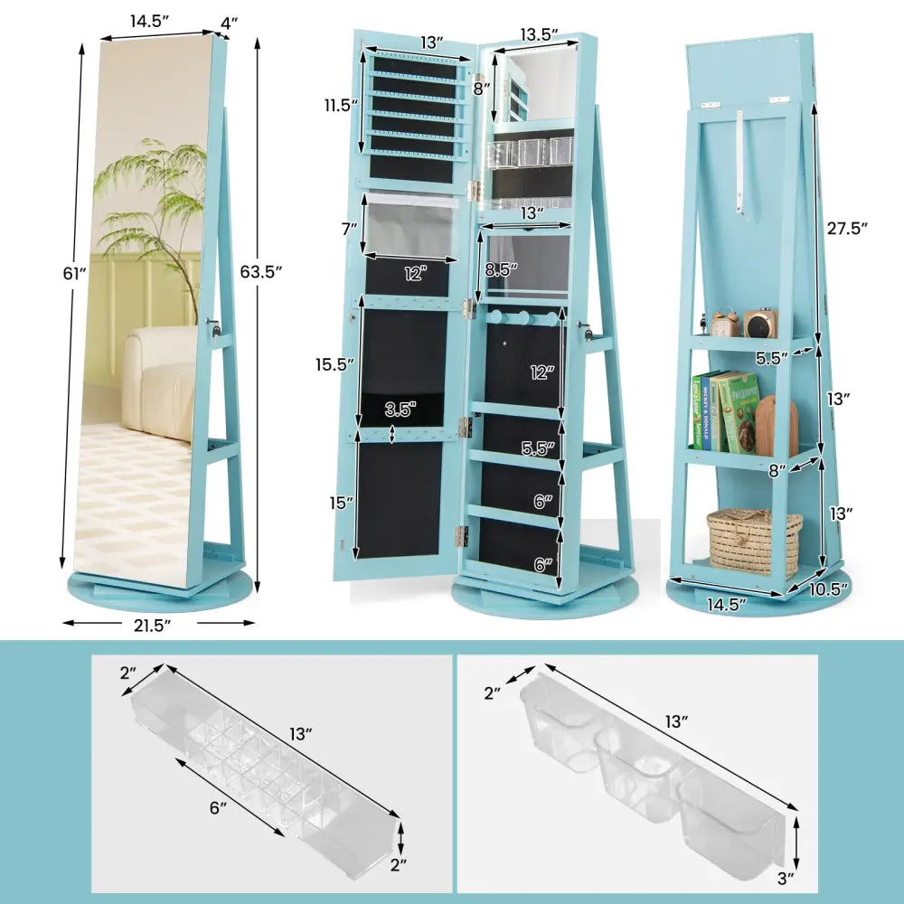 360° Rotating Mirrored Jewelry Cabinet Armoire 3 Color LED Modes Lockable-Blue - Blue - Jewelry Armoires