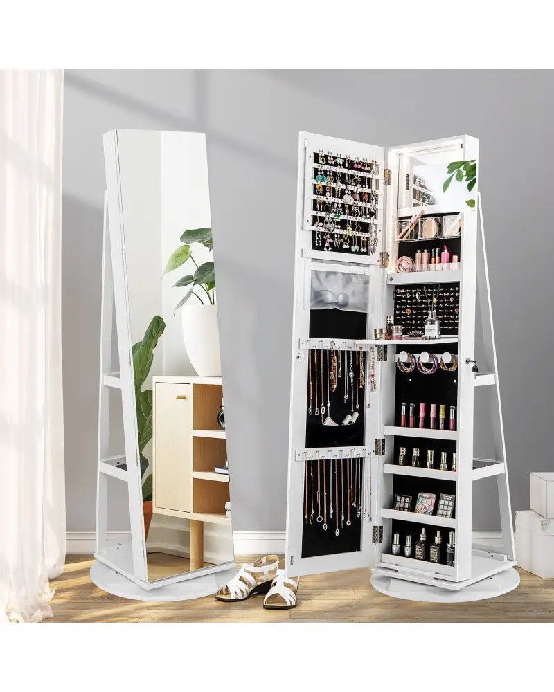 360° Rotating Mirrored Jewelry Cabinet Armoire 3 Color LED Modes Lockable-White - White - Jewelry Armoires