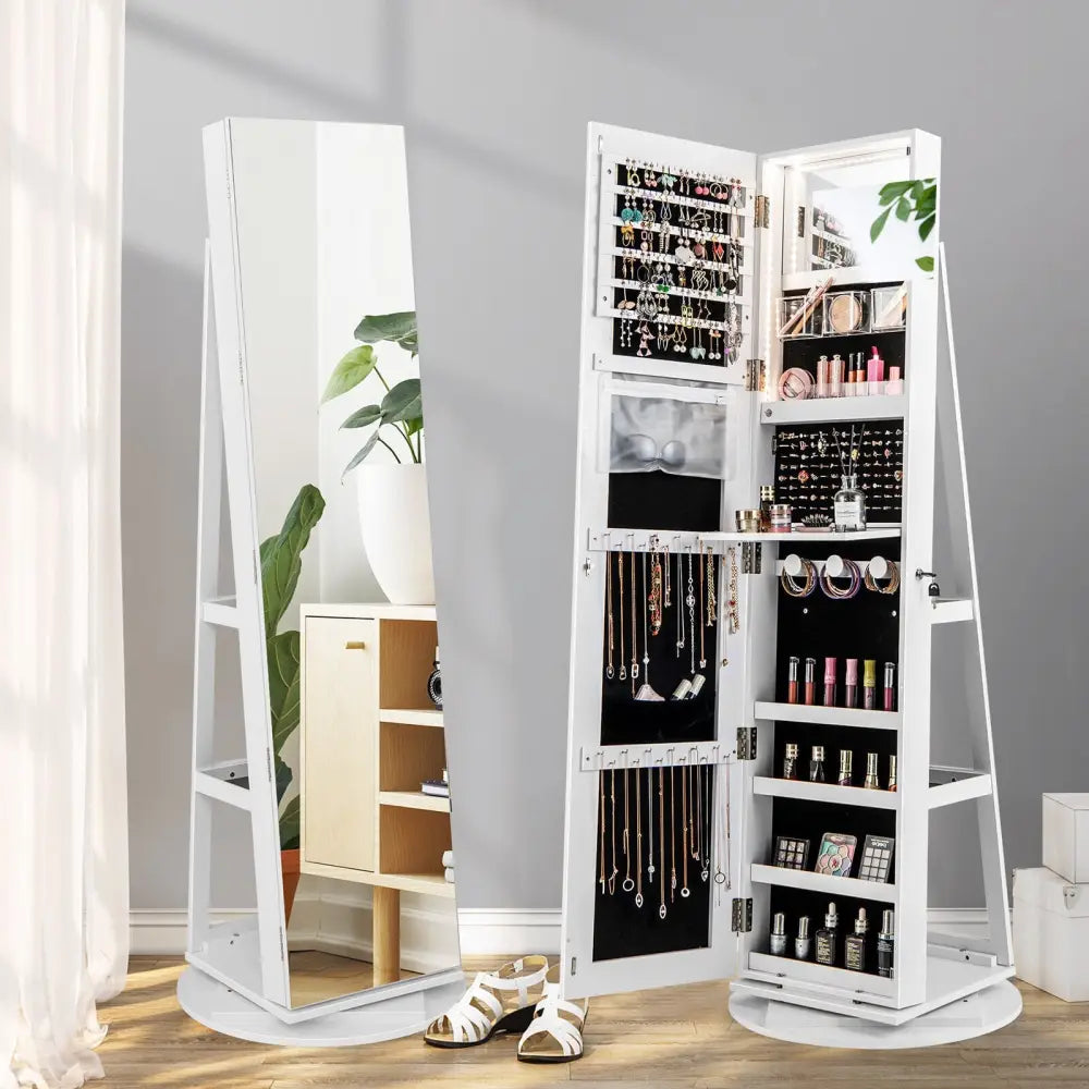 360° Rotating Mirrored Jewelry Cabinet Armoire 3 Color LED Modes Lockable-White - White - Jewelry Armoires