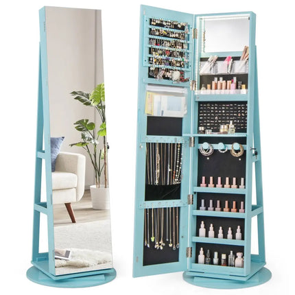 360° Rotating Mirrored Jewelry Cabinet Armoire 3 Color LED Modes Lockable-Blue Costway