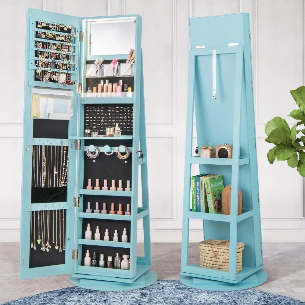 360° Rotating Mirrored Jewelry Cabinet Armoire 3 Color LED Modes Lockable-Blue Costway