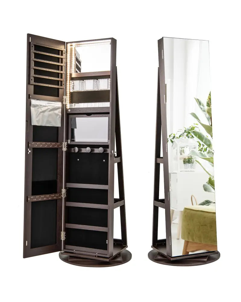 360° Rotating Mirrored Jewelry Cabinet Armoire 3 Color LED Modes Lockable-Espresso - Espresso - Jewelry Armoires
