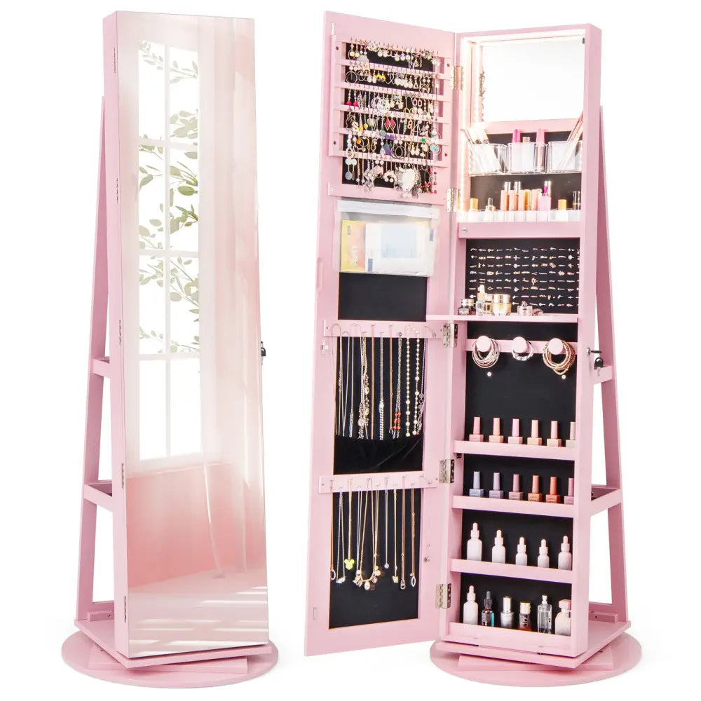 360° Rotating Mirrored Jewelry Cabinet Armoire 3 Color LED Modes Lockable-Pink - Pink - Jewelry Armoires