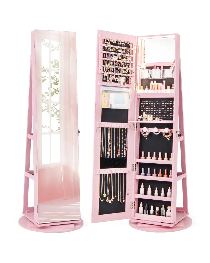360° Rotating Mirrored Jewelry Cabinet Armoire 3 Color LED Modes Lockable-Pink - Pink - Jewelry Armoires