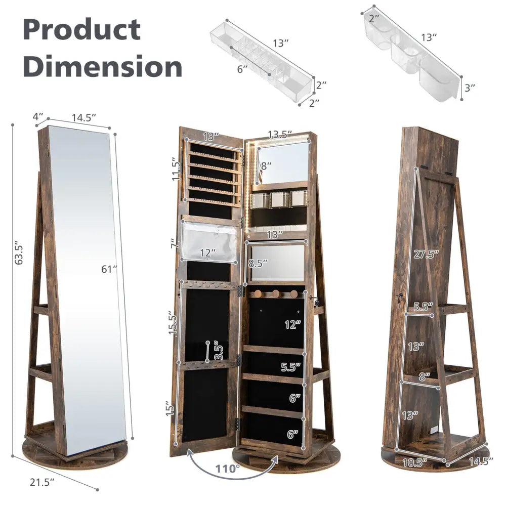 360° Rotating Mirrored Jewelry Cabinet Armoire 3 Color LED Modes Lockable-Brown - Brown - Jewelry Armoires