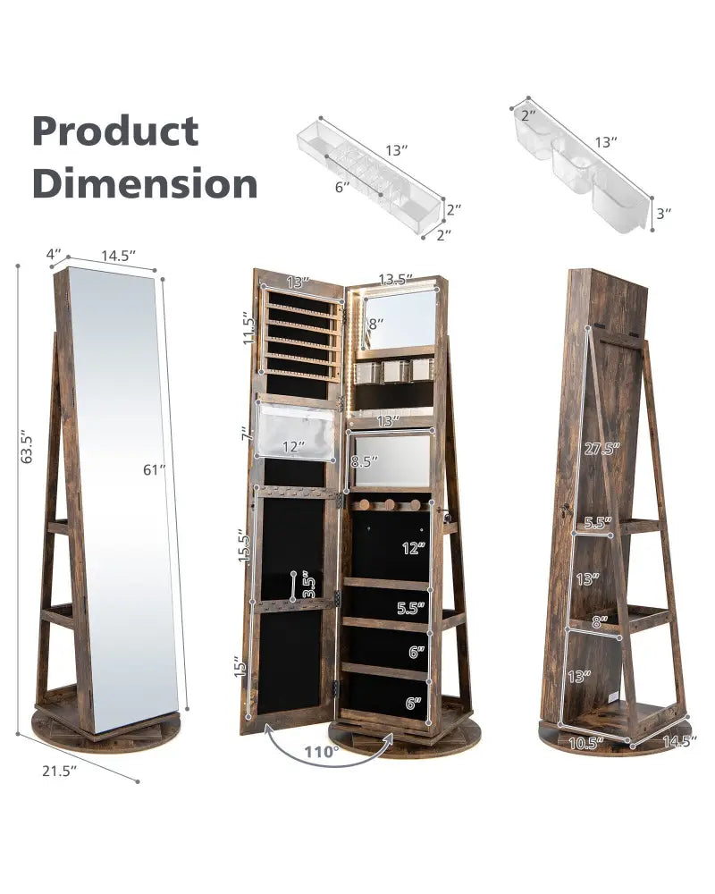 360° Rotating Mirrored Jewelry Cabinet Armoire 3 Color LED Modes Lockable-Brown - Brown - Jewelry Armoires