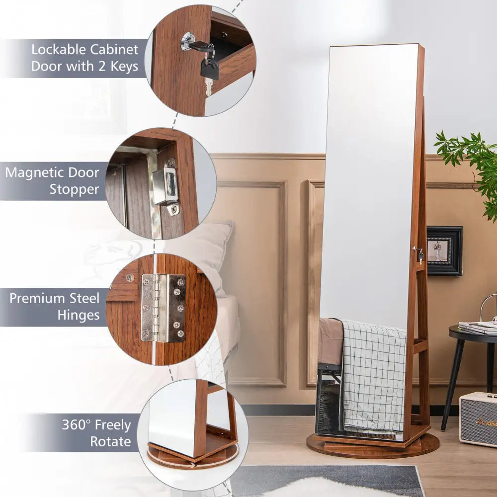 360° Rotating Mirrored Jewelry Cabinet Armoire 3 Color LED Modes Lockable-Dark Brown - Dark Brown - Jewelry Armoires