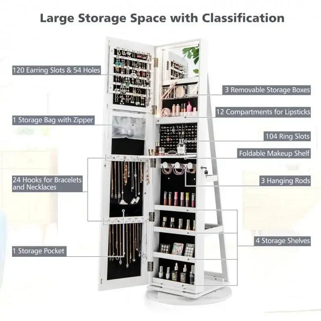 360° Rotating Mirrored Jewelry Cabinet Armoire 3 Color LED Modes Lockable - White - Oasis Home Essentials