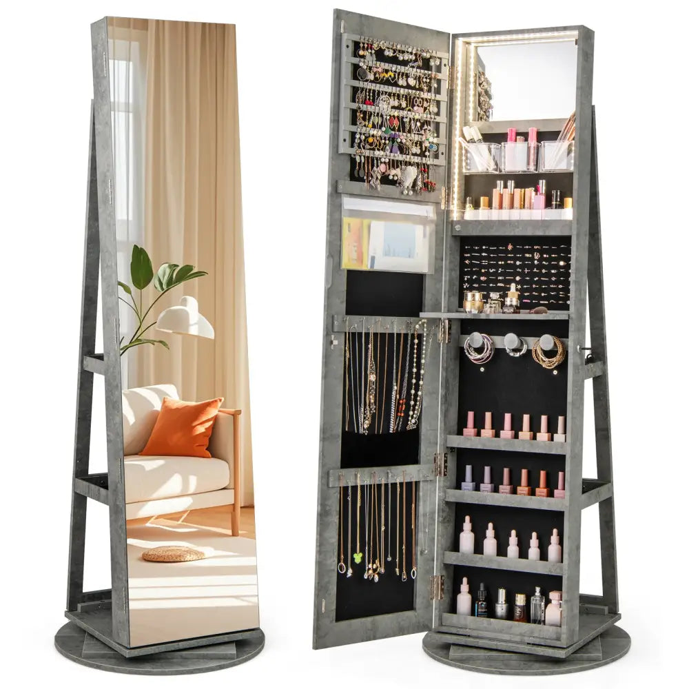 360° Rotating Mirrored Jewelry Cabinet Armoire 3 Color LED Modes Lockable-Green - Green - Jewelry Armoires
