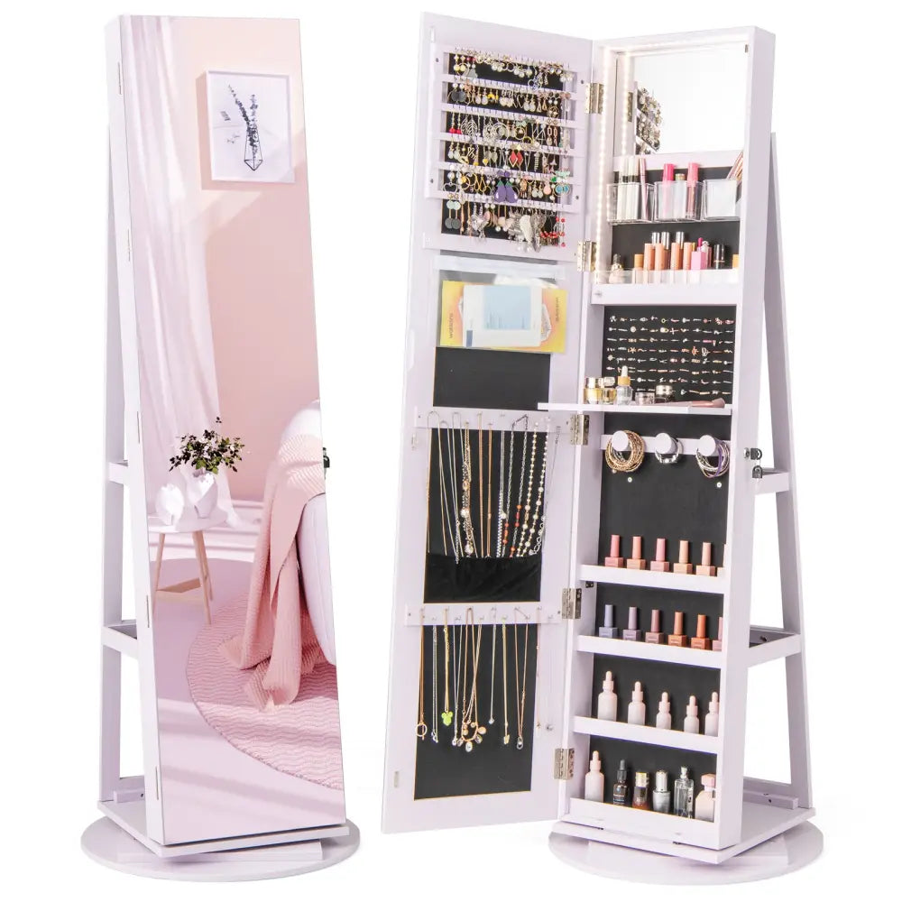 360° Rotating Mirrored Jewelry Cabinet Armoire 3 Color LED Modes Lockable-Purple - Purple - Jewelry Armoires