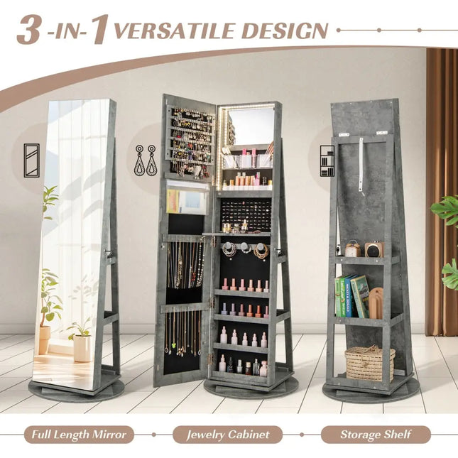 360° Rotating Mirrored Jewelry Cabinet Armoire 3 Color LED Modes Lockable-Green Costway
