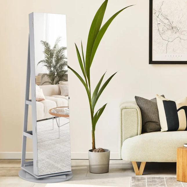360° Rotating Mirrored Jewelry Cabinet Armoire 3 Color LED Modes Lockable-Gray Costway