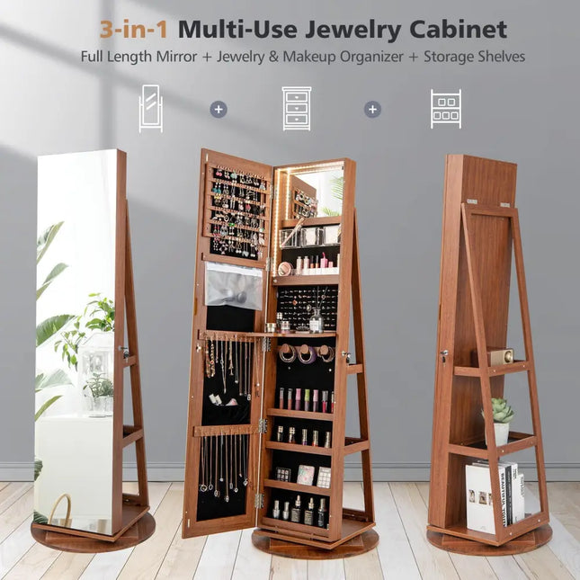 360° Rotating Mirrored Jewelry Cabinet Armoire 3 Color LED Modes Lockable-Dark Brown Costway