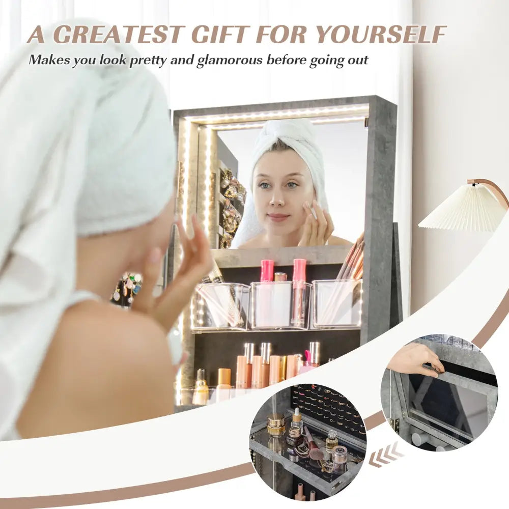 360° Rotating Mirrored Jewelry Cabinet Armoire 3 Color LED Modes Lockable-Green - Green - Jewelry Armoires