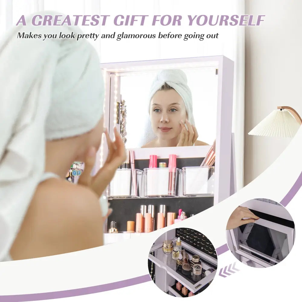 360° Rotating Mirrored Jewelry Cabinet Armoire 3 Color LED Modes Lockable-Purple - Purple - Jewelry Armoires