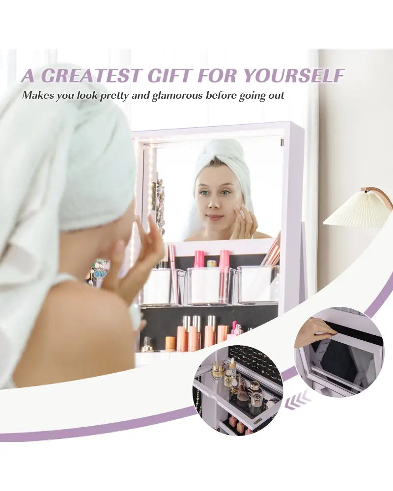 360° Rotating Mirrored Jewelry Cabinet Armoire 3 Color LED Modes Lockable-Purple - Purple - Jewelry Armoires